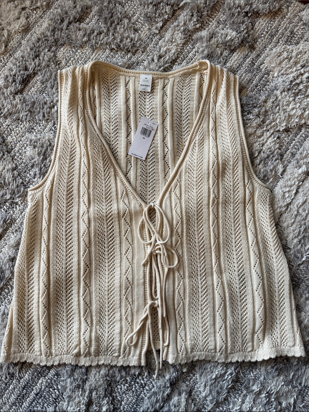 Crochet Tie-Front Knit Vest - Cream